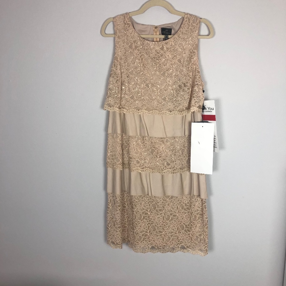 NWT Adrianna Papell Cream Tan Lace Ruffle Dress